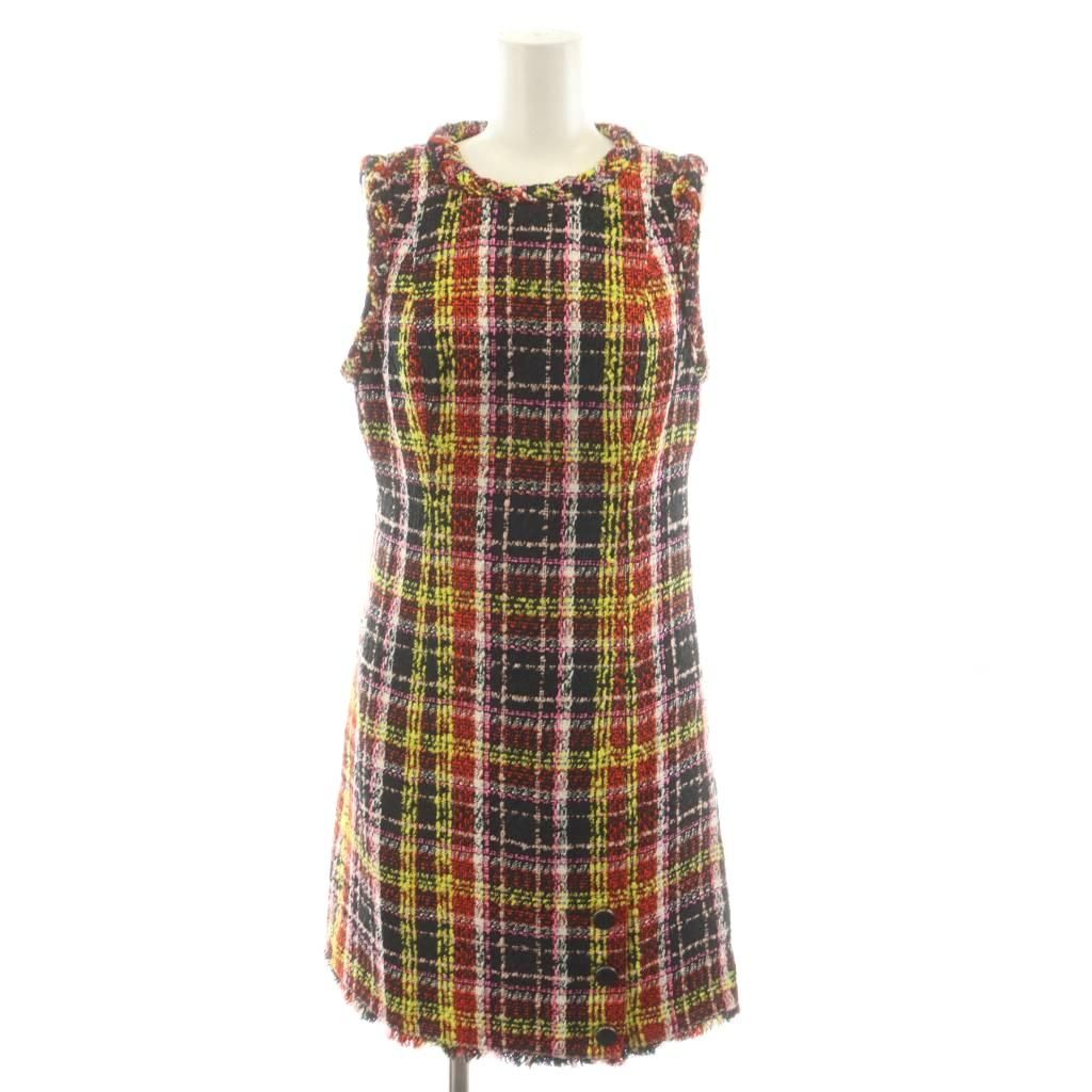 ケイトスペード KATE SPADE 近年モデル アート プラッド ツイード ドレス ワンピース ミニ丈 ノースリーブ 0 赤 レッド 黄 イエロー 黒 ブラック KD 568 AN 48