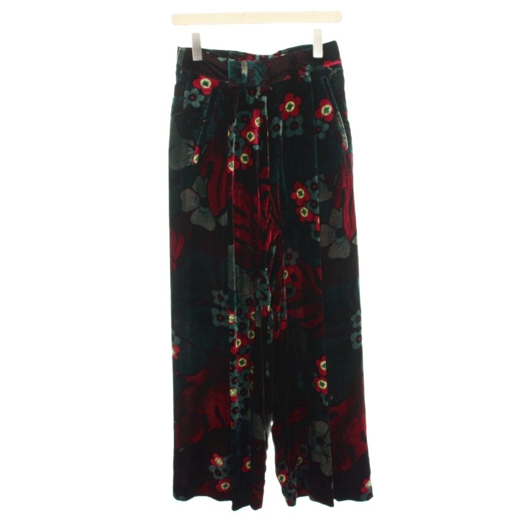 ドリスヴァンノッテン DRIES VAN NOTEN フローラルプリントベルベットワイドレッグパンツ ベロア タック ジップフライ 花柄 絹 シルク混 34 黒 ブラック 緑 グリーン YT