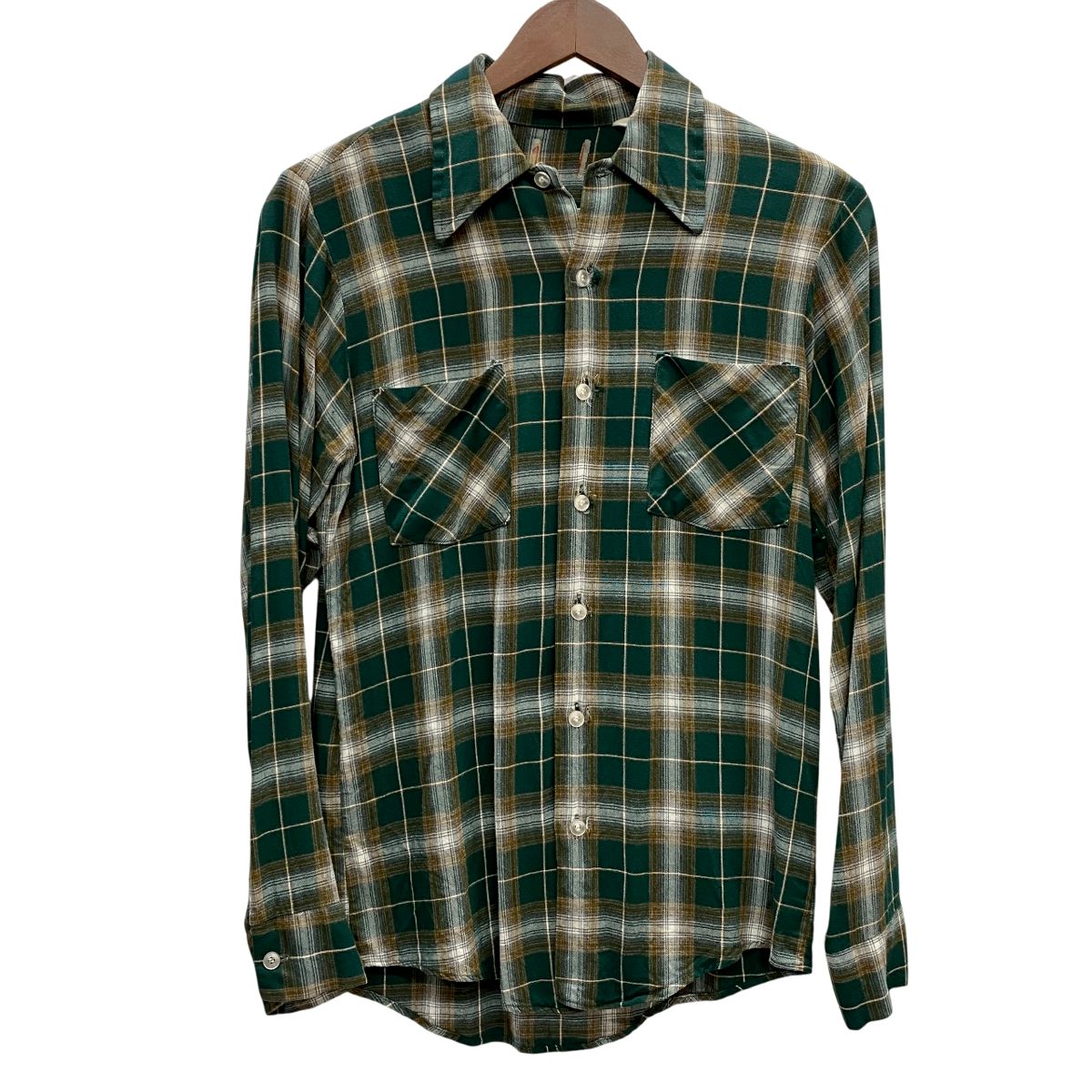 ヴィンテージ 70 s レーヨン チェック 長袖シャツ グリーン 201 MT 5015 VB