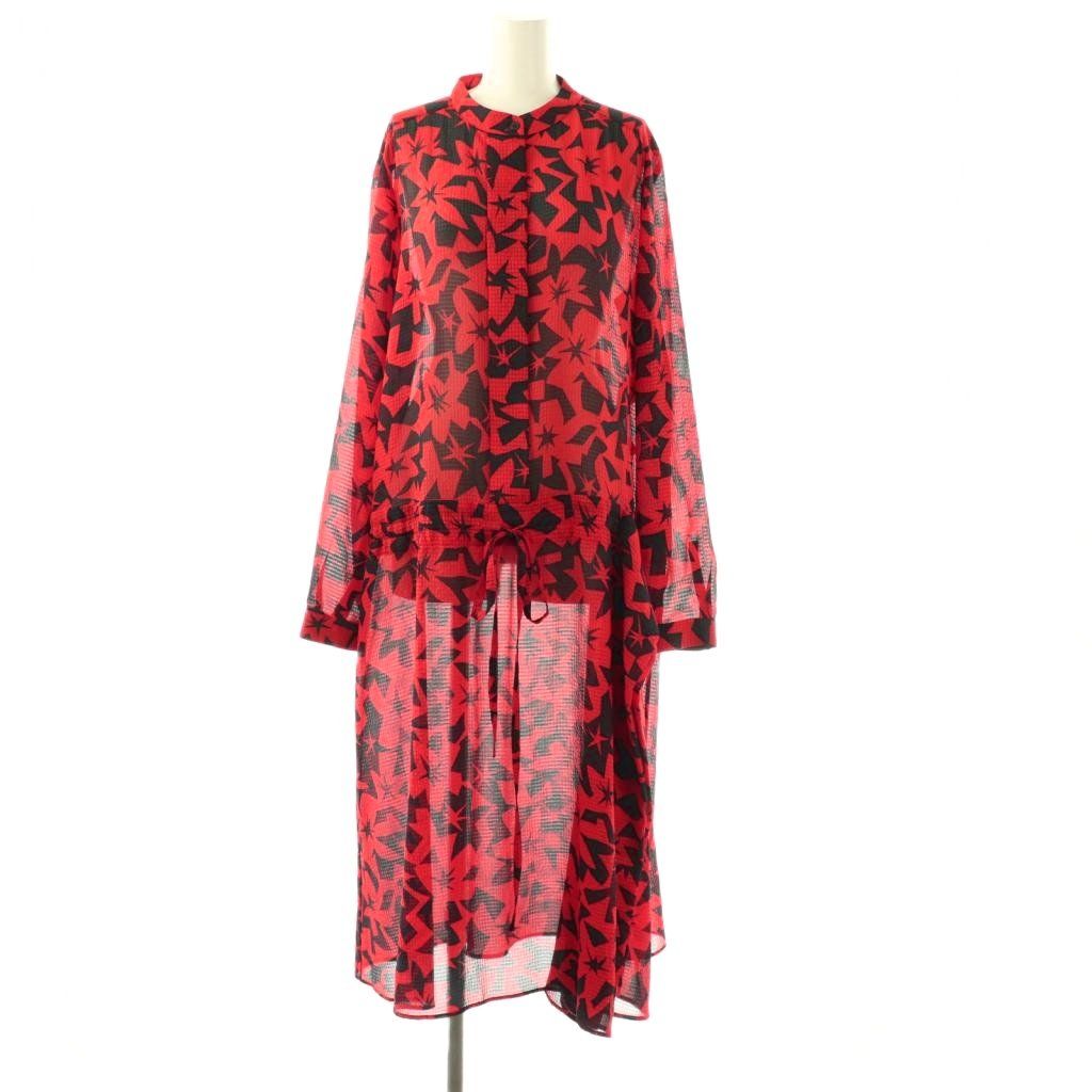 ジルサンダー JIL SANDER ネイビー NAVY 総柄ワンピース ロング 長袖 42 レッド HK OS