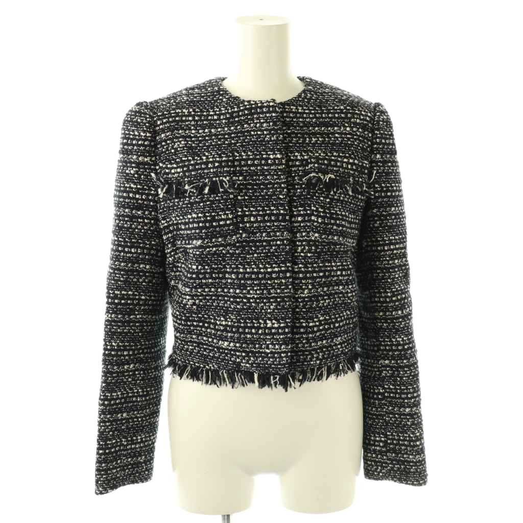 ボーダーズアットバルコニー BORDERS at BALCONY 23 SS TWEED SHORT JACKET ノーカラージャケット ツイード 36 ダークネイビー ホワイト ES OS
