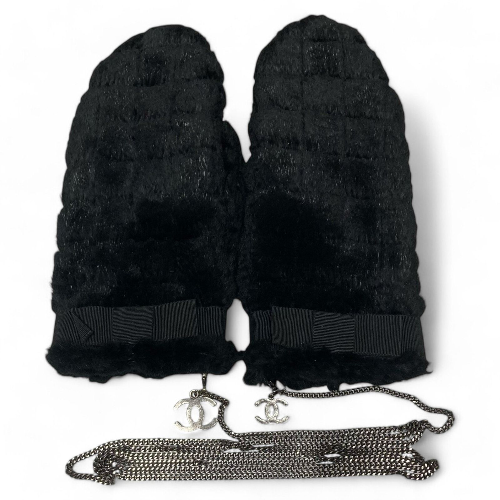 CHANEL シャネル ④ チェーン付き ラビットファー グローブ レディース ブラック S
