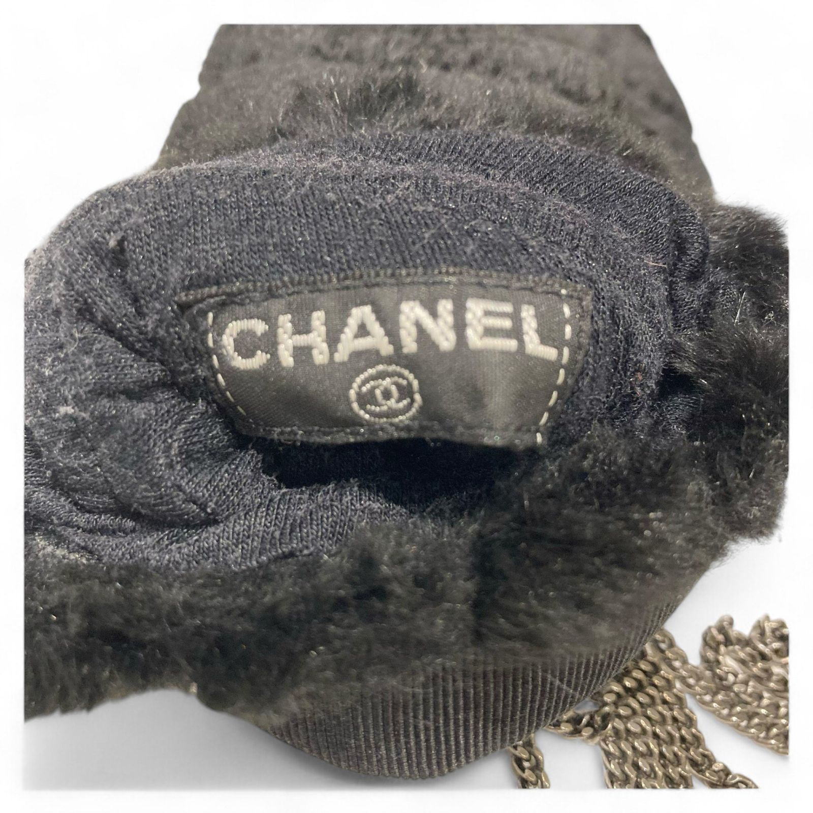  CHANEL シャネル ④ チェーン付き ラビットファー グローブ レディース ブラック S 手袋 アームカバー 小物