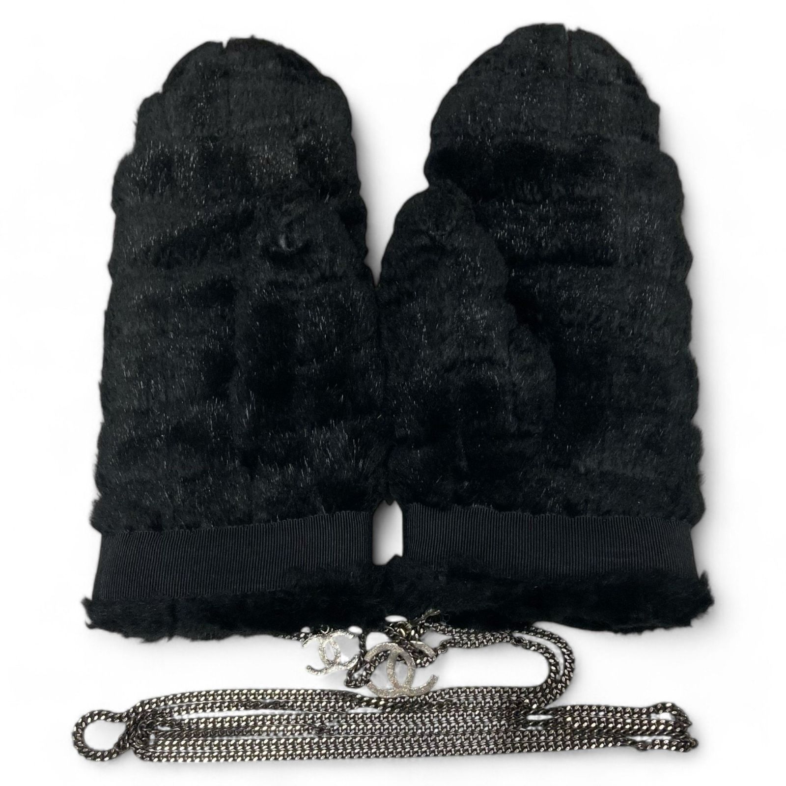 CHANEL シャネル ④ チェーン付き ラビットファー グローブ レディース ブラック S