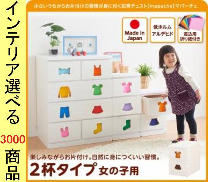 整理タンス . 子供用 引き出し絵柄付き 2段1列タイプ 2杯 女の子タイプ 日本製 ホワイト色