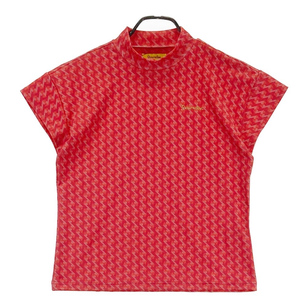 サイズ M レザレクション 2025年モデル ハイネック 半袖Tシャツ 総柄 レッド系 ゴルフウェア レディース ストスト