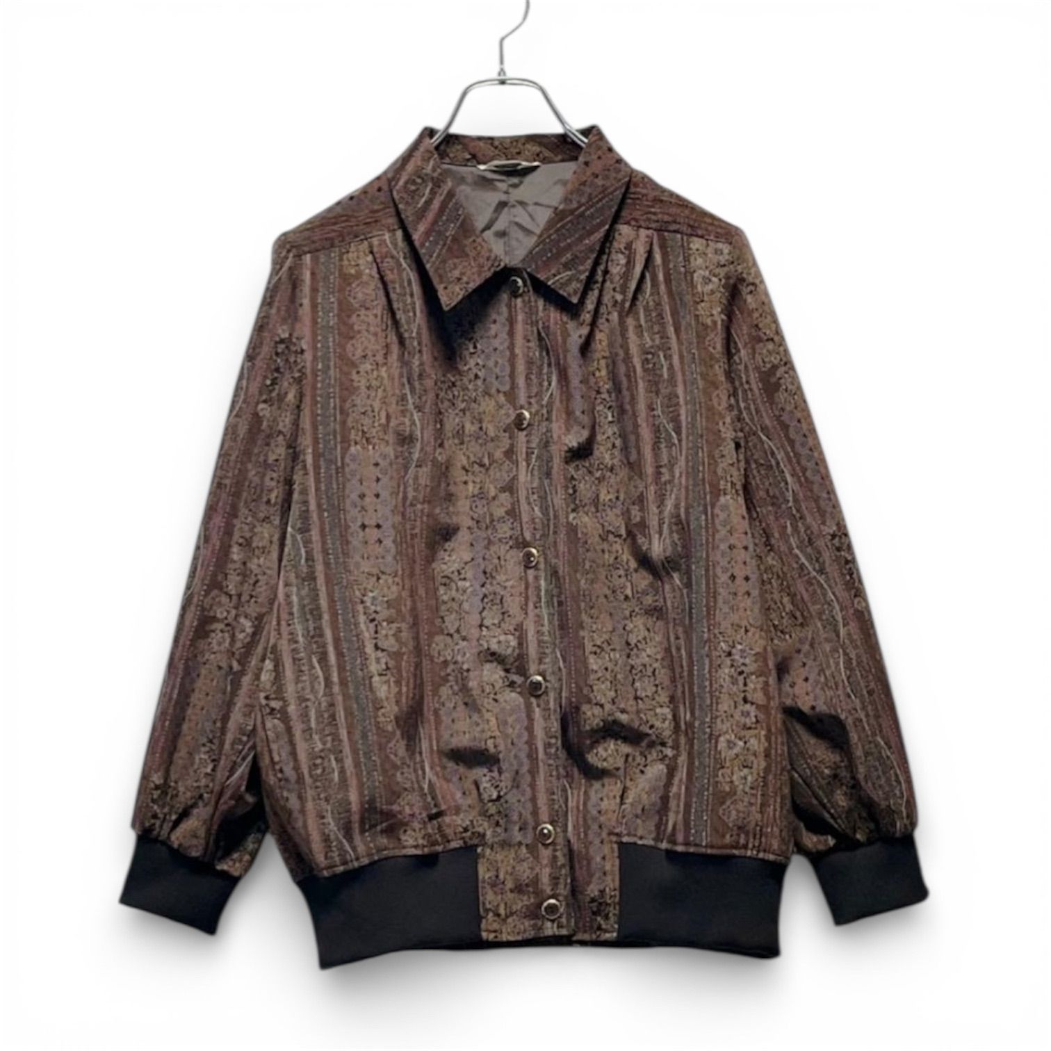 古着 日本製 ヴィンテージ 総柄 ライトジャケット ピンタック ニュアンスカラー 水彩画風 ペイズリー 昭和レトロ 抽象柄 裾ギャザー 短丈 羽織り