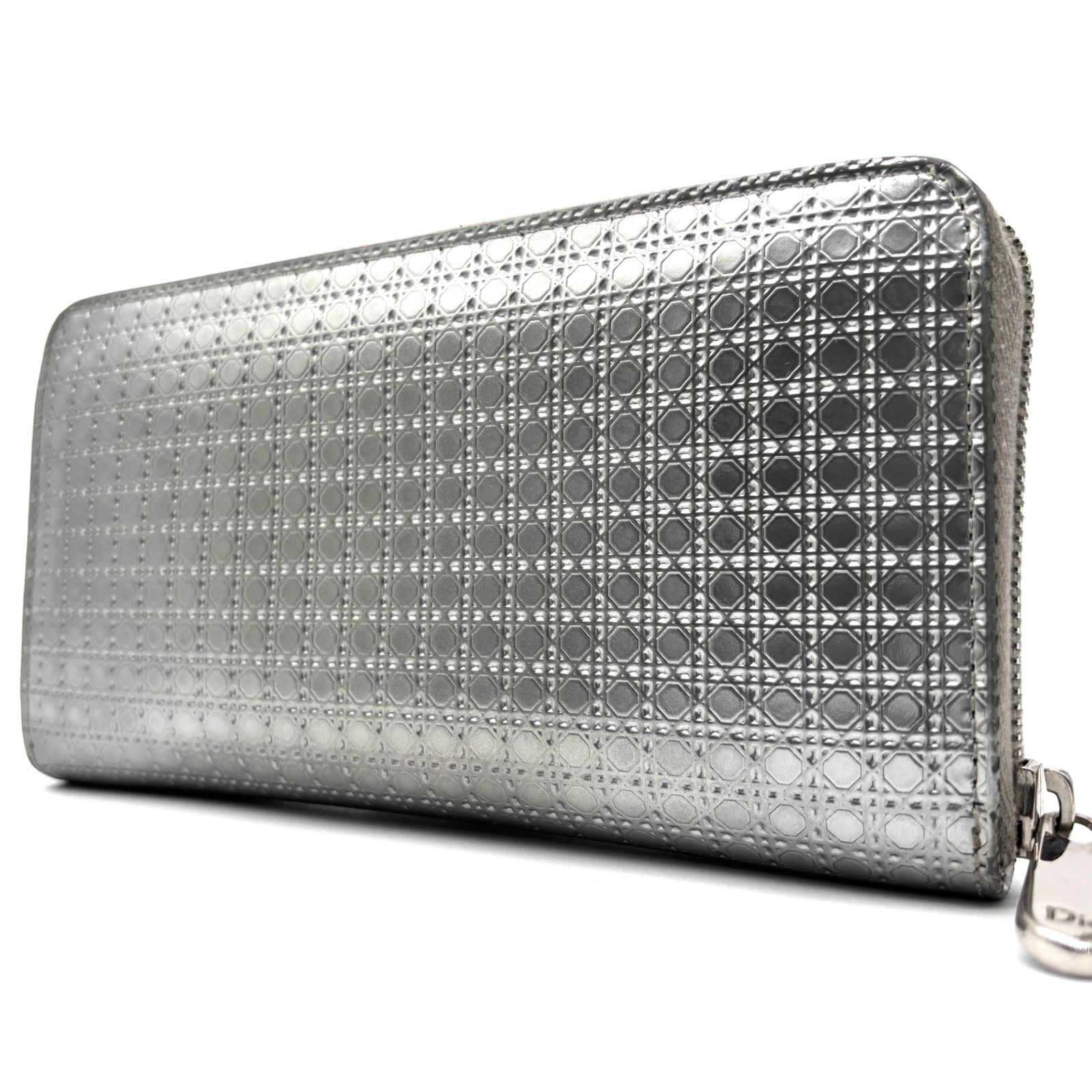 Christian Dior クリスチャンディオール マイクロカナージュ 長財布 ラウンドファスナー エナメル レザー 本革 シルバー レディース メンズ