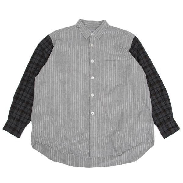 コムデギャルソンオムCOMME des GARCONS HOMME チェックスリーブ切替ストライプシャツ グレー他M位