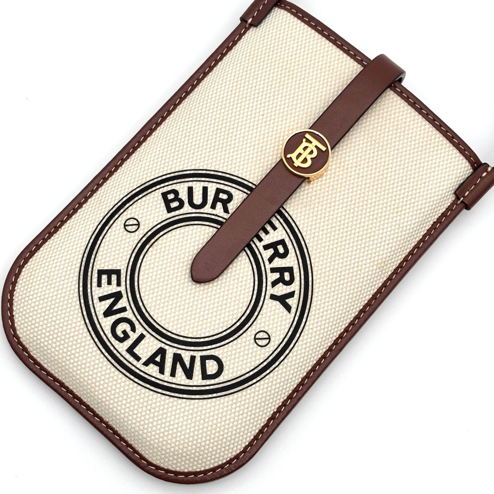 BURBERRY バーバリー スマホショルダーバッグ サークルロゴ TB キャンバス レザー 本革 斜め掛け ミニバッグ ポーチ サコッシュ レディース アイボリー ブラウン 普段使い