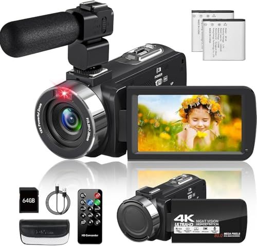 ビデオカメラ4 K動画8000万画像数YouTubeカメラ ウェブカメラ 18倍デジタルズーム270度回転 3 0インチ IR赤外線暗視Vlogカメラ 一時停止機能タイムラプス＆スローモーション検知 LEDフィルライトリモコン付き 予備バッテリ 6 b 194 9 c