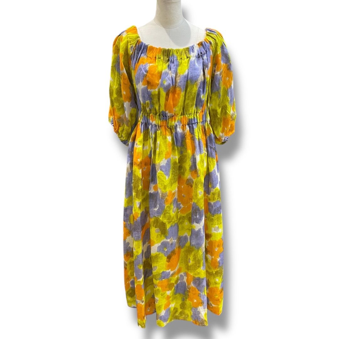 MARELLA マレーラ リンネワンピース ロングワンピース 半袖ワンピース パフスリーブ リゾート リネンワンピース イエロー オレンジ 花柄 サイズ42 レディース 夏 ゴーゴー古 2910