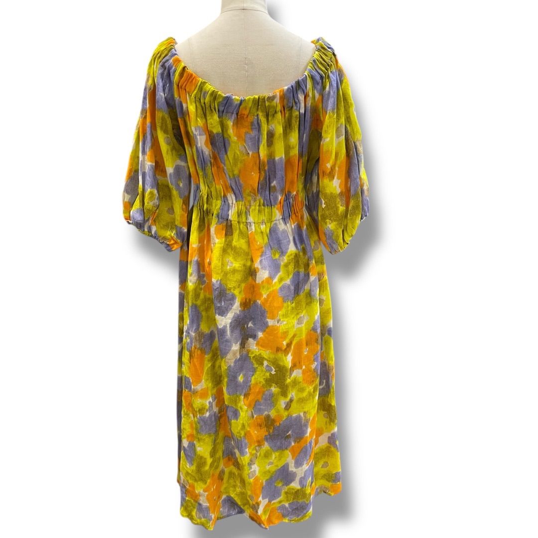MARELLA マレーラ リンネワンピース ロングワンピース 半袖ワンピース パフスリーブ リゾート リネンワンピース イエロー オレンジ 花柄 サイズ42 レディース 夏 ゴーゴー古 2910