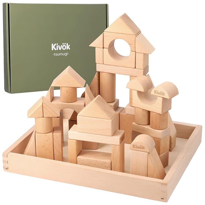 Kivok直営 ム積み木 紡木 55ピース 対象年齢 一歳から 木箱入り 無着色 天然由来100％のオイル仕上げ 月齢別の遊び方ガイド付き 出産祝い ギフト プレゼント おもちゃ 知育玩具 2歳 3歳 つみ 0