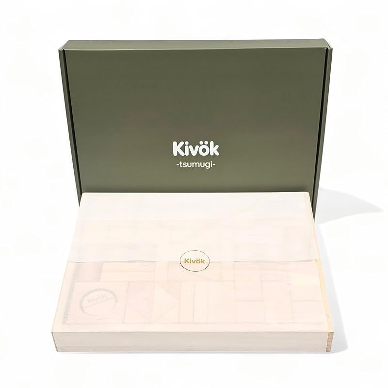 Kivok直営 ム積み木 紡木 55ピース 対象年齢 一歳から 木箱入り 無着色 天然由来100％のオイル仕上げ 月齢別の遊び方ガイド付き 出産祝い ギフト プレゼント おもちゃ 知育玩具 2歳 3歳 つみ 0
