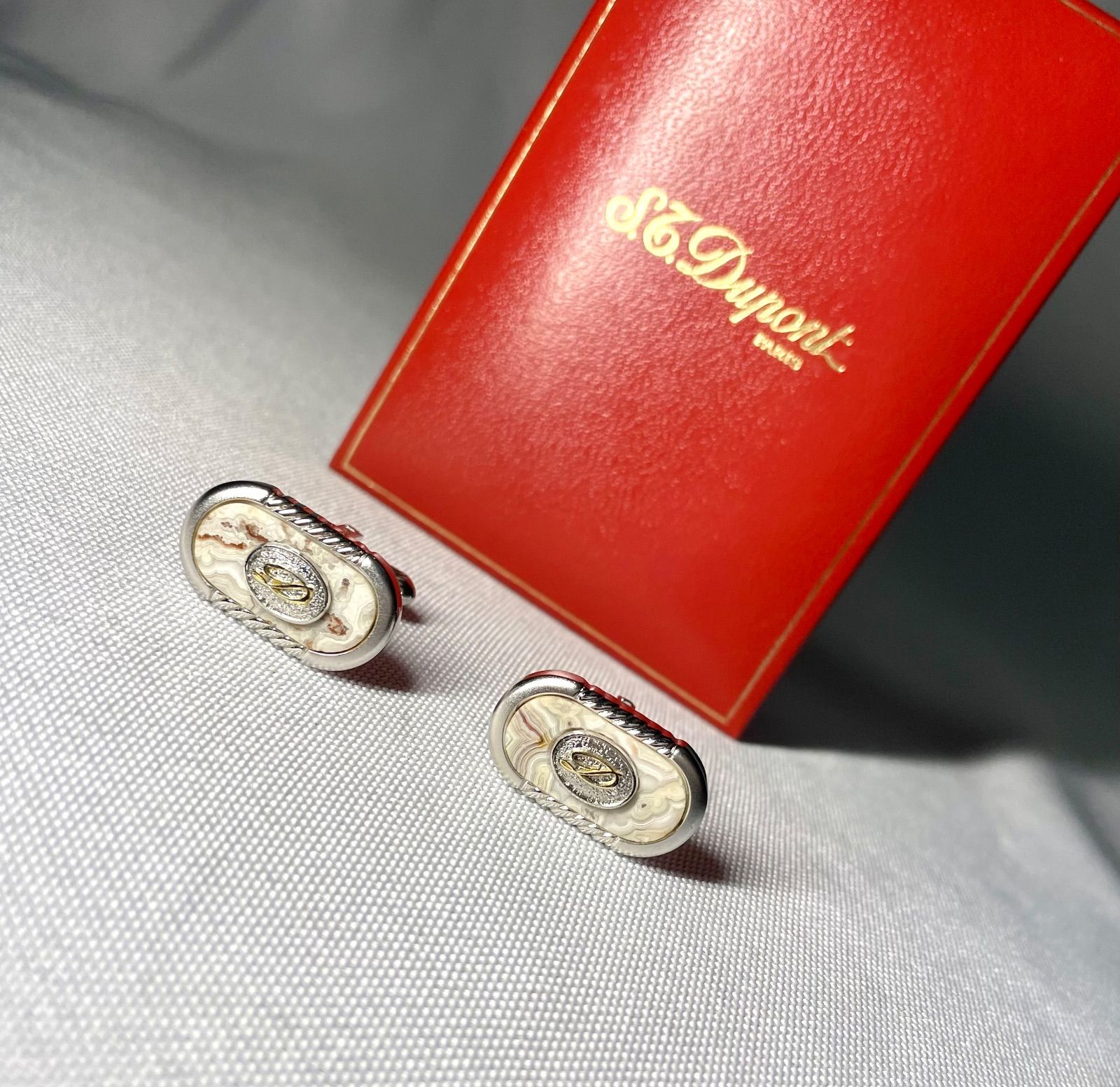 S T Dupont デュポン Dロゴ マーブルストーン装飾カフス カフリンクス ボタン ゴールド＆シルバー ケースあり
