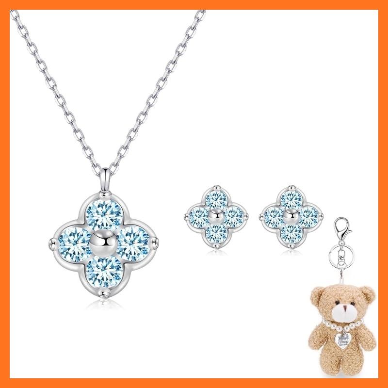 FH bird アクアマリン ピアス ネックレス セット 四つ葉 クローバー 幸運のお守りです シルバー925 金属アレルギー対応 ペンダント 誕生石 水色 シンプル プレゼント女性 プレゼント