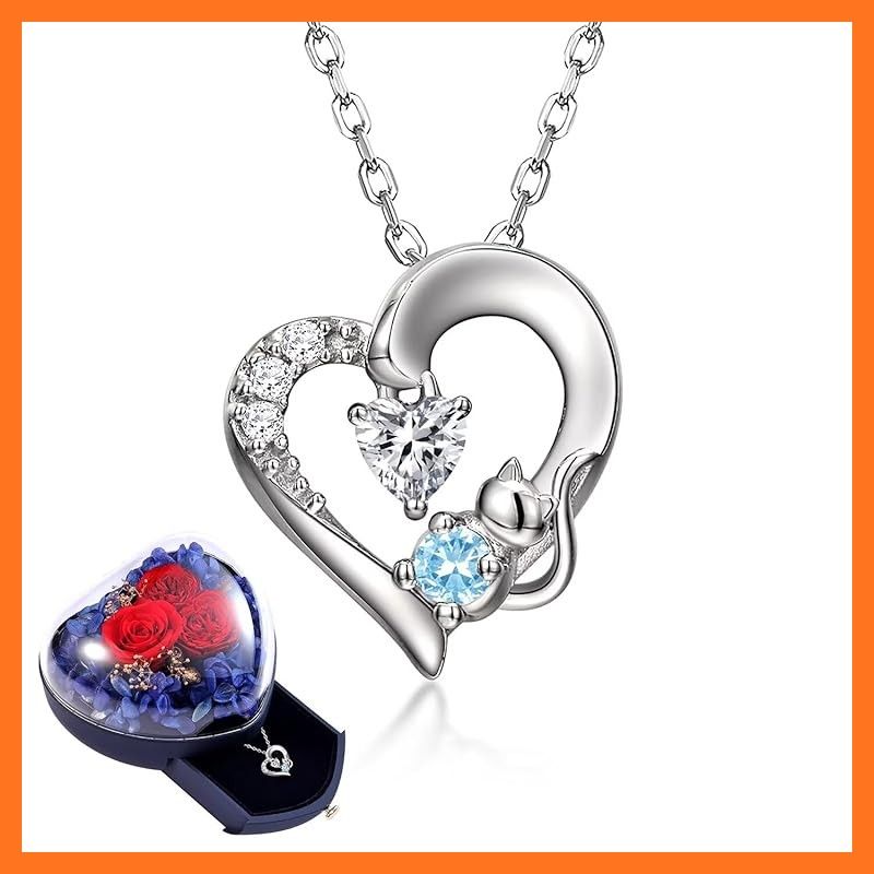 sassu fine 誕生石ネックレス ネコ オープンハート 国際標準シルバー925 レディースネックレス ローズ 枯れない花プリザーブドフラワー
