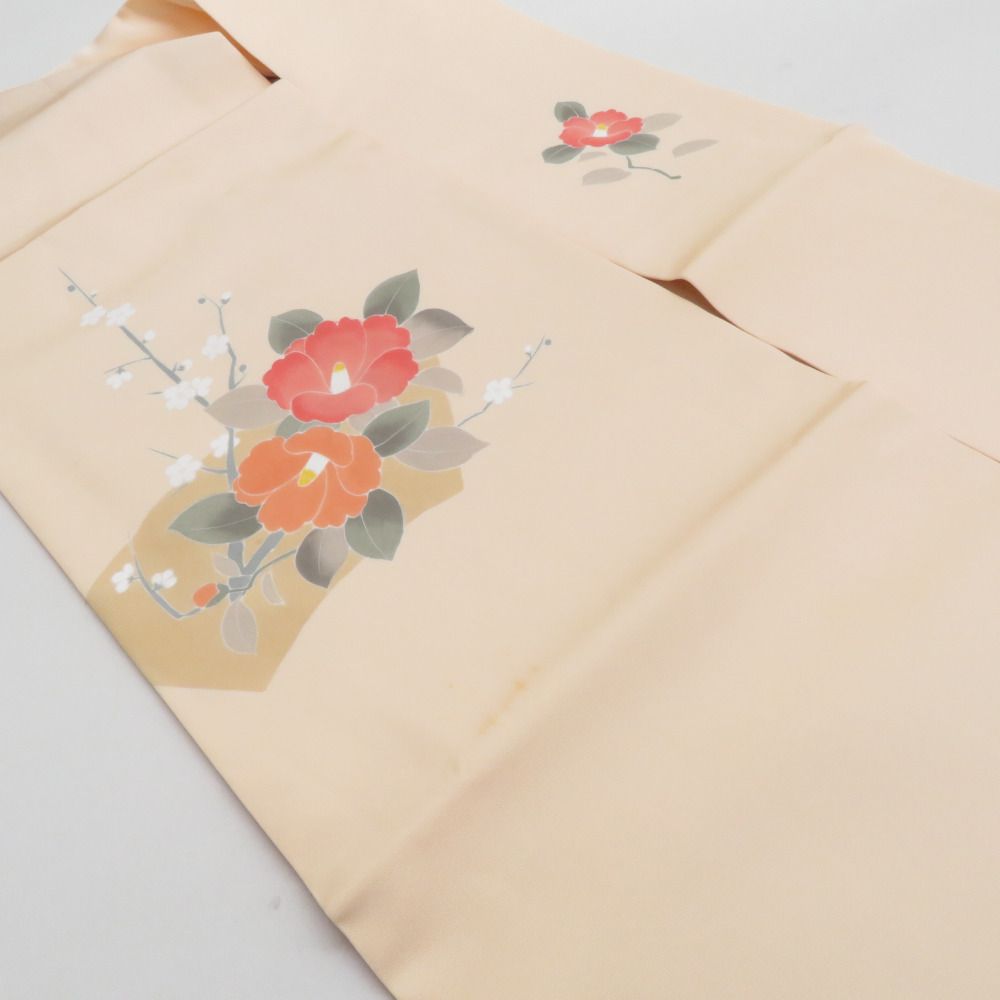 九寸名古屋帯 塩瀬 正絹 手書き 椿 お太鼓柄 アイボリー カジュアル～ MWR 名古屋帯 正絹 塩瀬 友禅染 椿文様 お太鼓柄 九寸帯 ベージュ色 橙色
