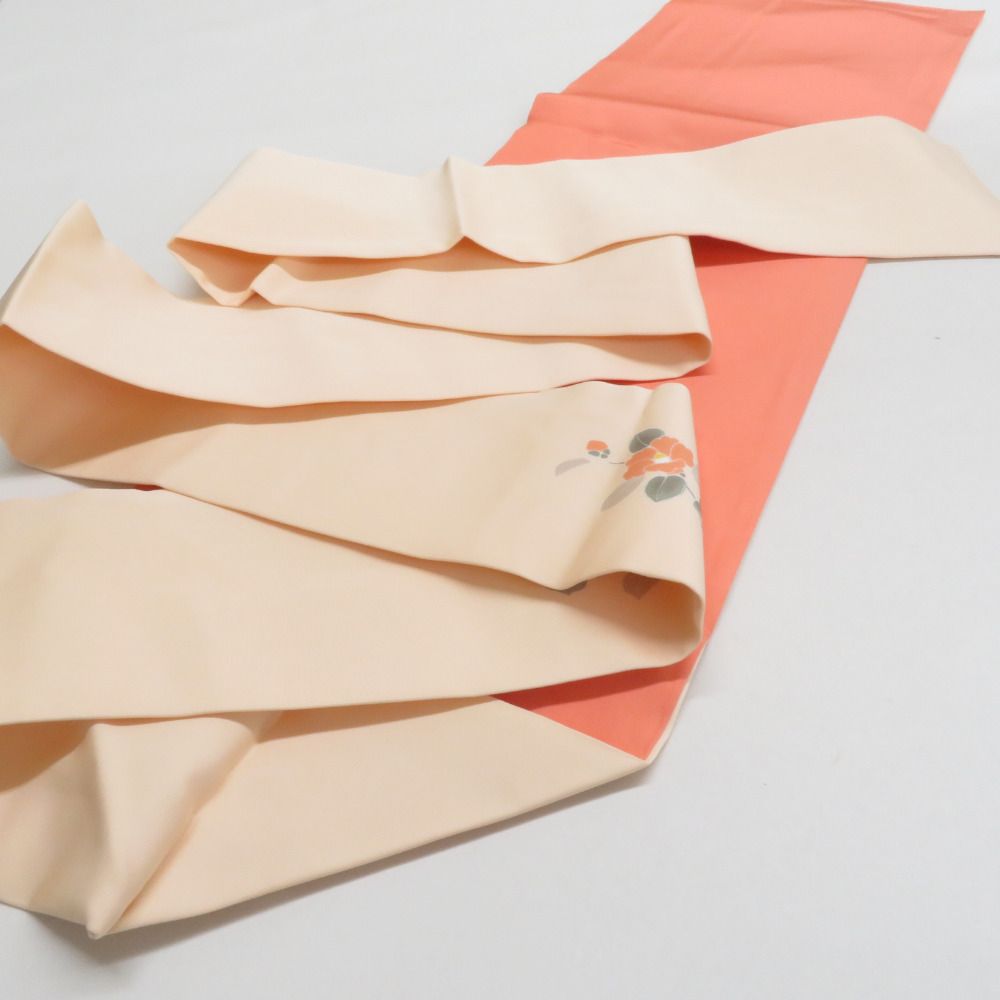 名古屋帯 正絹 塩瀬 友禅染 椿文様 お太鼓柄 九寸帯 ベージュ色 橙色