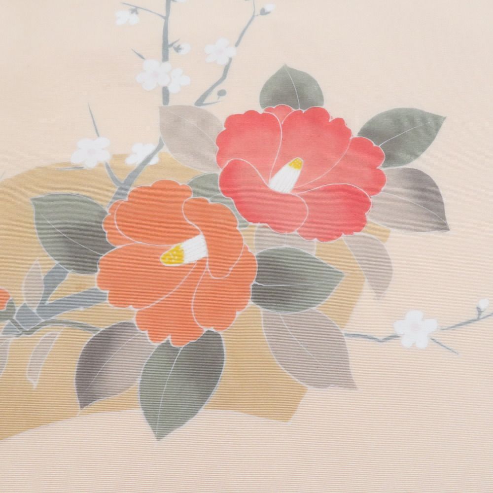 九寸名古屋帯 塩瀬 正絹 手書き 椿 お太鼓柄 アイボリー カジュアル～ MWR 名古屋帯 正絹 塩瀬 友禅染 椿文様 お太鼓柄 九寸帯 ベージュ色 橙色