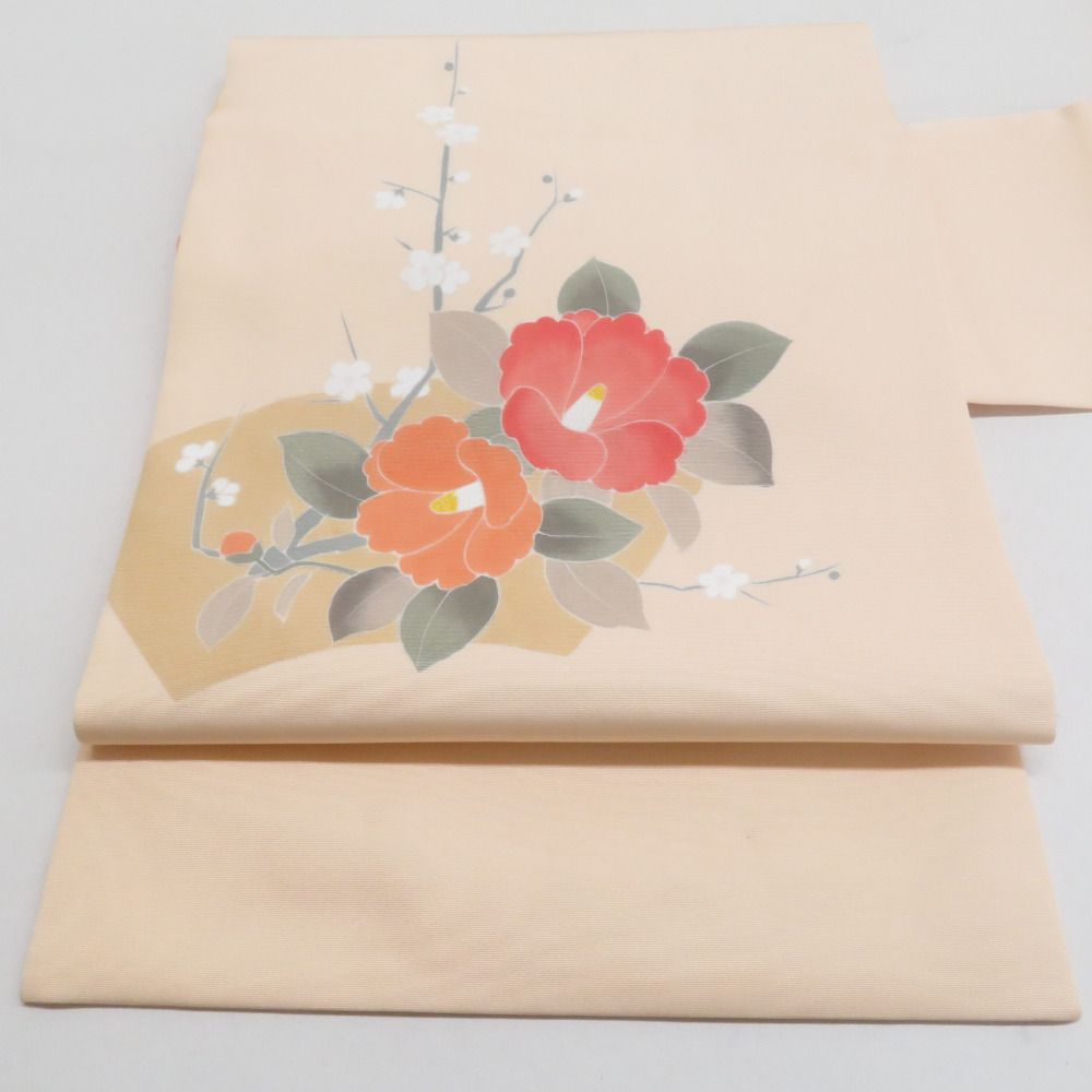 九寸名古屋帯 塩瀬 正絹 手書き 椿 お太鼓柄 アイボリー カジュアル～ MWR 名古屋帯 正絹 塩瀬 友禅染 椿文様 お太鼓柄 九寸帯 ベージュ色 橙色