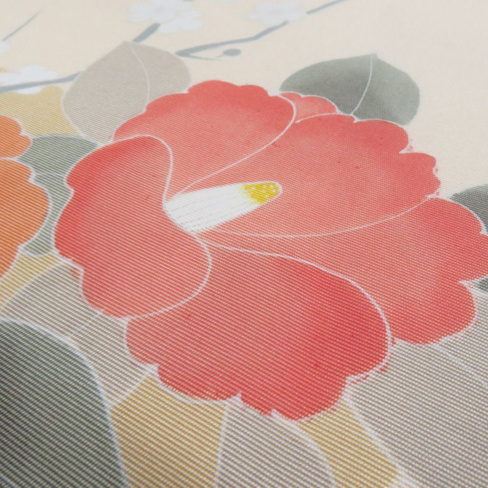 名古屋帯 正絹 塩瀬 友禅染 椿文様 お太鼓柄 九寸帯 ベージュ色 橙色