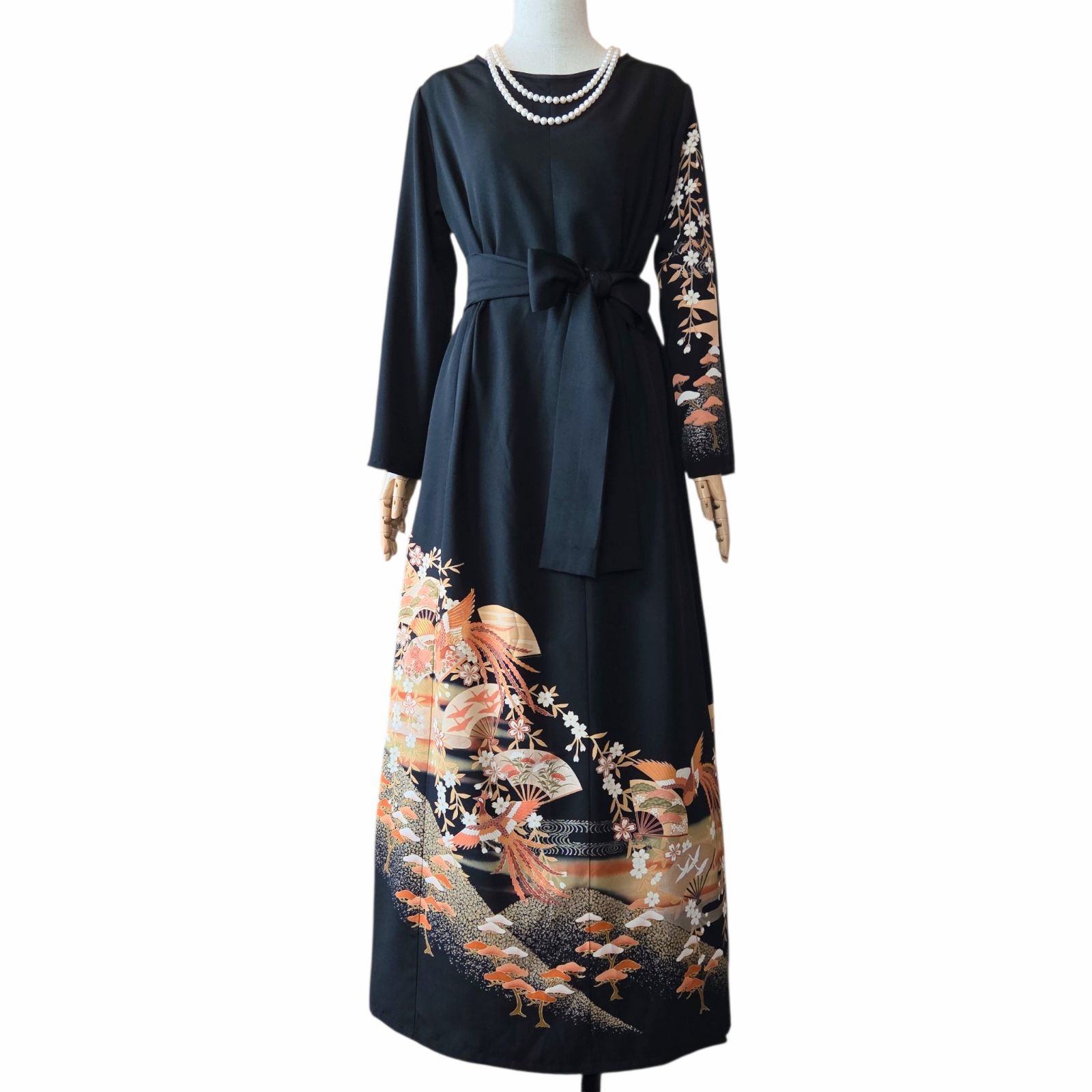 ❦Kaena❦ 着物リメイク ワンピース ロング マキシ ドレス Aライン 黒