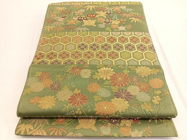 平和屋着物●両面　六通柄袋帯　横段花文　金糸　正絹　逸品　CABB5628hy 平和屋着物◎六通柄袋帯 横段亀甲花文 金糸 正絹 逸品 BAAV9876hv