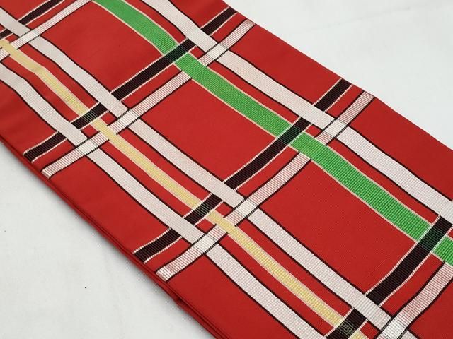 平和屋着物◎本場筑前博多織 半幅帯 格子柄 証紙付き 正絹 逸品