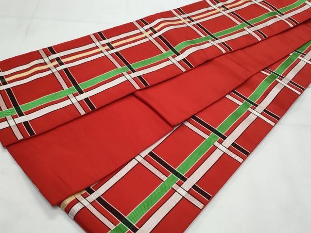 平和屋着物◎本場筑前博多織 半幅帯 格子柄 証紙付き 正絹 逸品