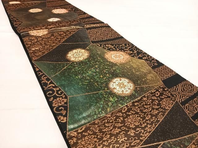 平和屋着物◎六通柄袋帯 切嵌花文 黒地 金糸 引箔 正絹 逸品