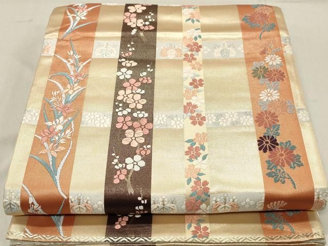 平和屋着物◎両面 六通柄袋帯 草花間道 金糸 正絹 逸品 DABA3412qa