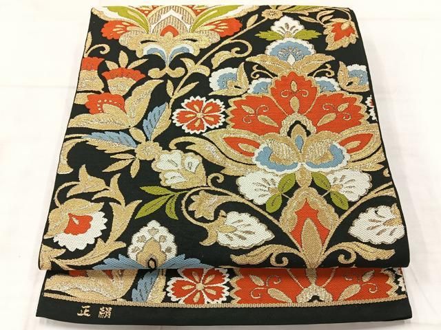 平和屋着物◎太鼓柄 京本袋帯 更紗花文 黒地 金糸 正絹 逸品