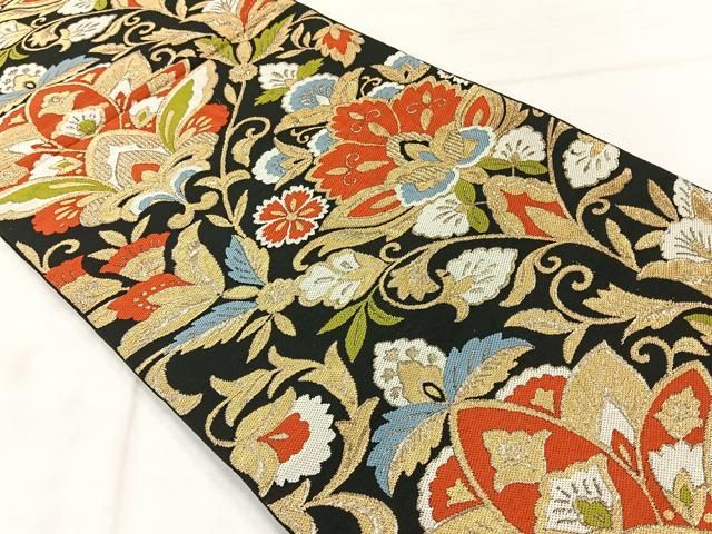 平和屋着物◎太鼓柄 京本袋帯 更紗花文 黒地 金糸 正絹 逸品