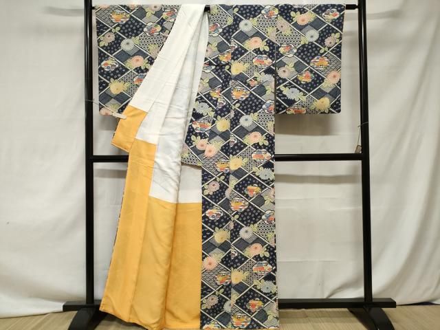 平和屋着物●上質な小紋　笹文　鬼しぼ縮緬　ロング丈　正絹　逸品　CABA9692gh 平和屋着物□上質な小紋 型染め 吉祥風景花文 鬼しぼ縮緬 正絹 逸品