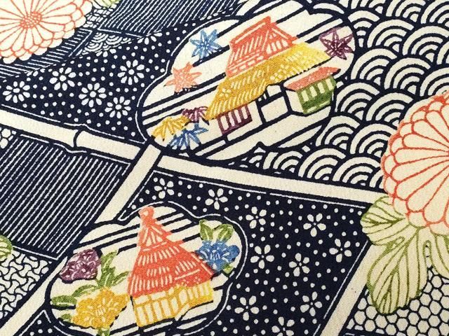 平和屋着物□上質な小紋 型染め 吉祥風景花文 鬼しぼ縮緬 正絹 逸品