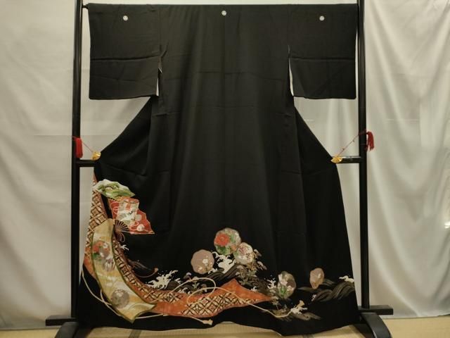 平和屋着物□豪華黒留袖 駒刺繍 流水扇面飛鶴花文 金銀彩 正絹 逸品