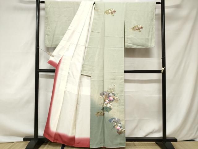 平和屋着物□訪問着 地紙御所車枝花文 暈し染め 金彩 正絹 逸品 未使用