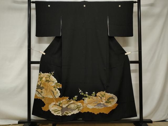 平和屋着物□豪華黒留袖 駒刺繍 尾長鳥枝梅文 金彩 正絹 逸品