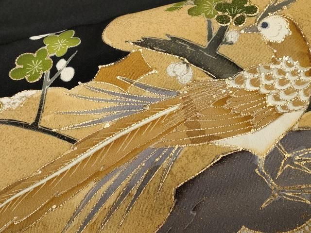 平和屋着物□豪華黒留袖 駒刺繍 尾長鳥枝梅文 金彩 正絹 逸品