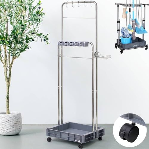 Bonarca モップホルダー キャスター 屋外 掃除用具 収納 最大16本 モップ立て 清掃用品 清掃用具 モップ掛け 清掃カート 業務用 清掃ワゴン キャスター付き 2段 清掃 掃除 ツールカート ツールワゴン モップ ブラシ ほうき ラック スタ m