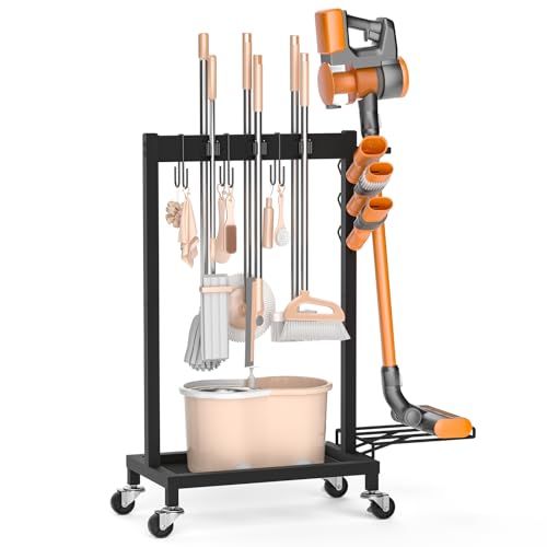 ほうきとモップホルダー 濡れたモップを移動 真空スタンド付き 床取り付けモップラック 床置き掃除ツールカートストレージ ガーデンガレージ学校 病院 工場 レストラン用 モップ排水ラック 黒 6スロット m