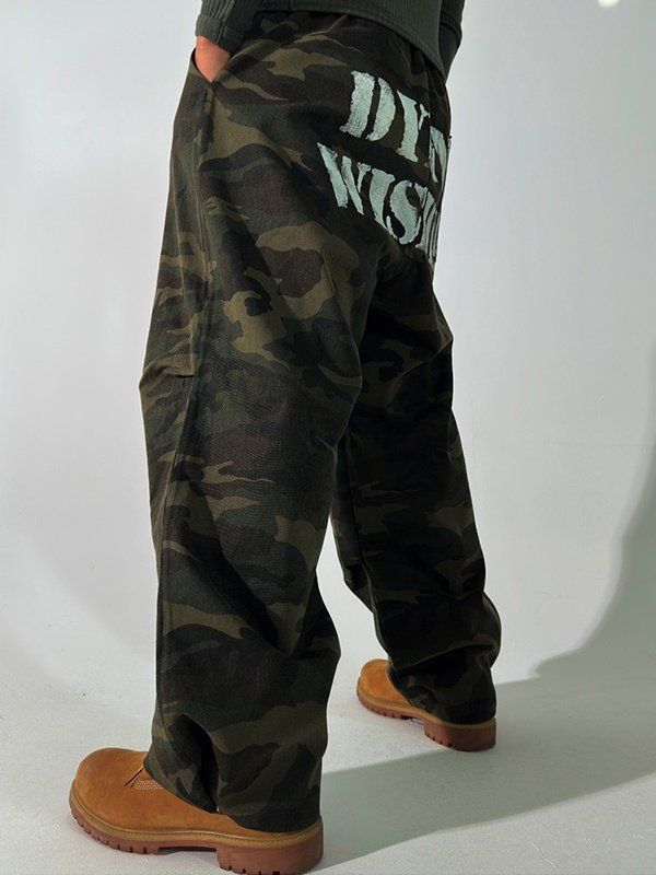 ダイング カモフラ スナップ パンツ、秋 新作 オーバーサイズ ワイド チノ ミリタリー カーブド