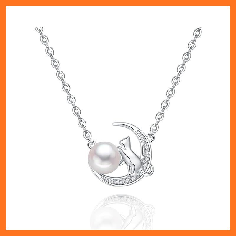 【新品】 [Cute jewelry　Mei Leaf] 猫 パール 真珠 ネックレス シルバー あずきチェーン アジャスター付き レディース (c 猫と月) 1