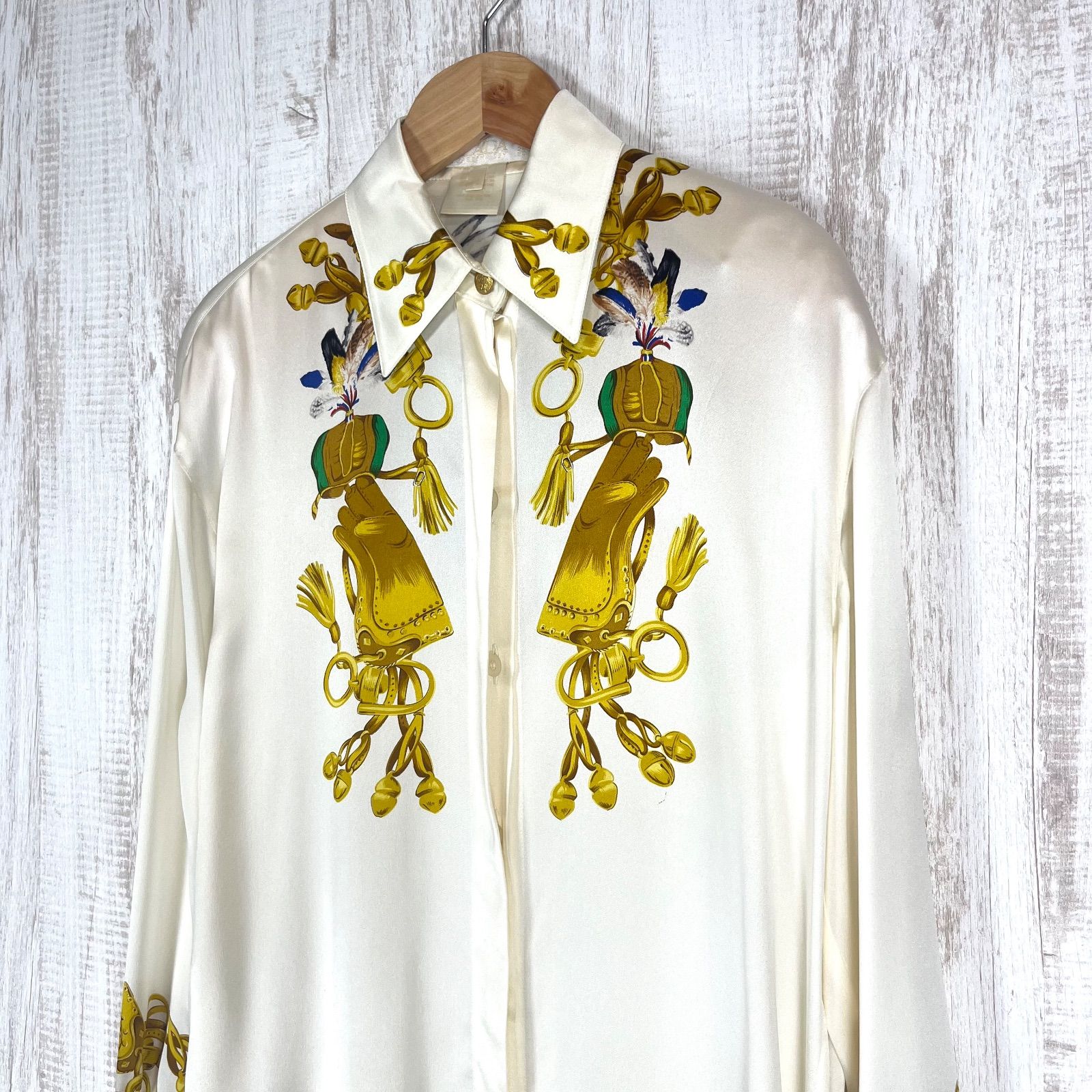 ESCADA エスカーダ ヴィンテージ 金ボタン 鳥 スカーフ柄 シルク100