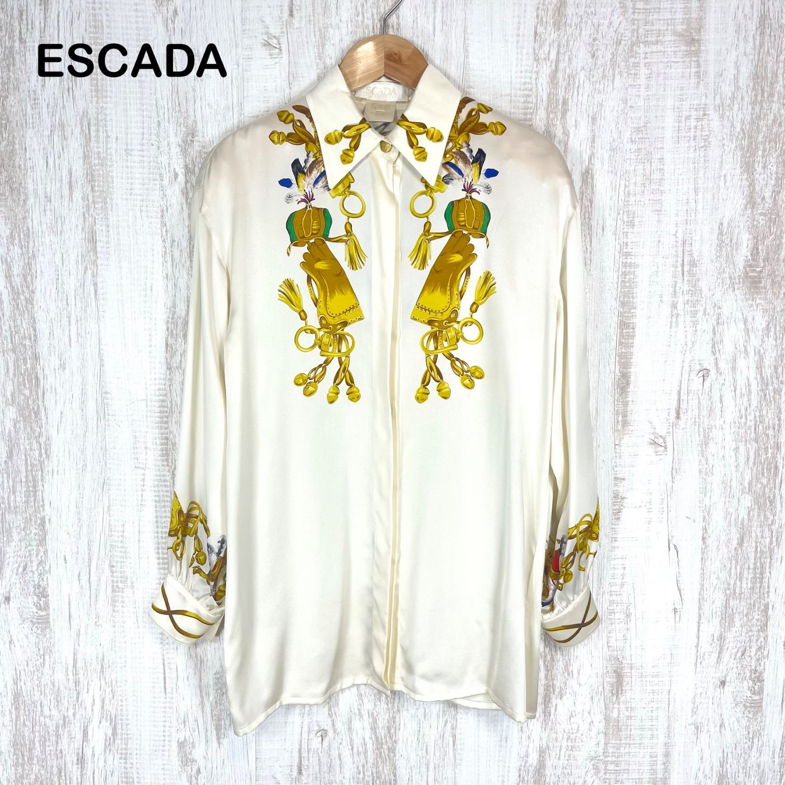 ESCADA エスカーダ ヴィンテージ 金ボタン 鳥 スカーフ柄 シルク100% 比翼 長袖 シャツ ブラウス アイボリー