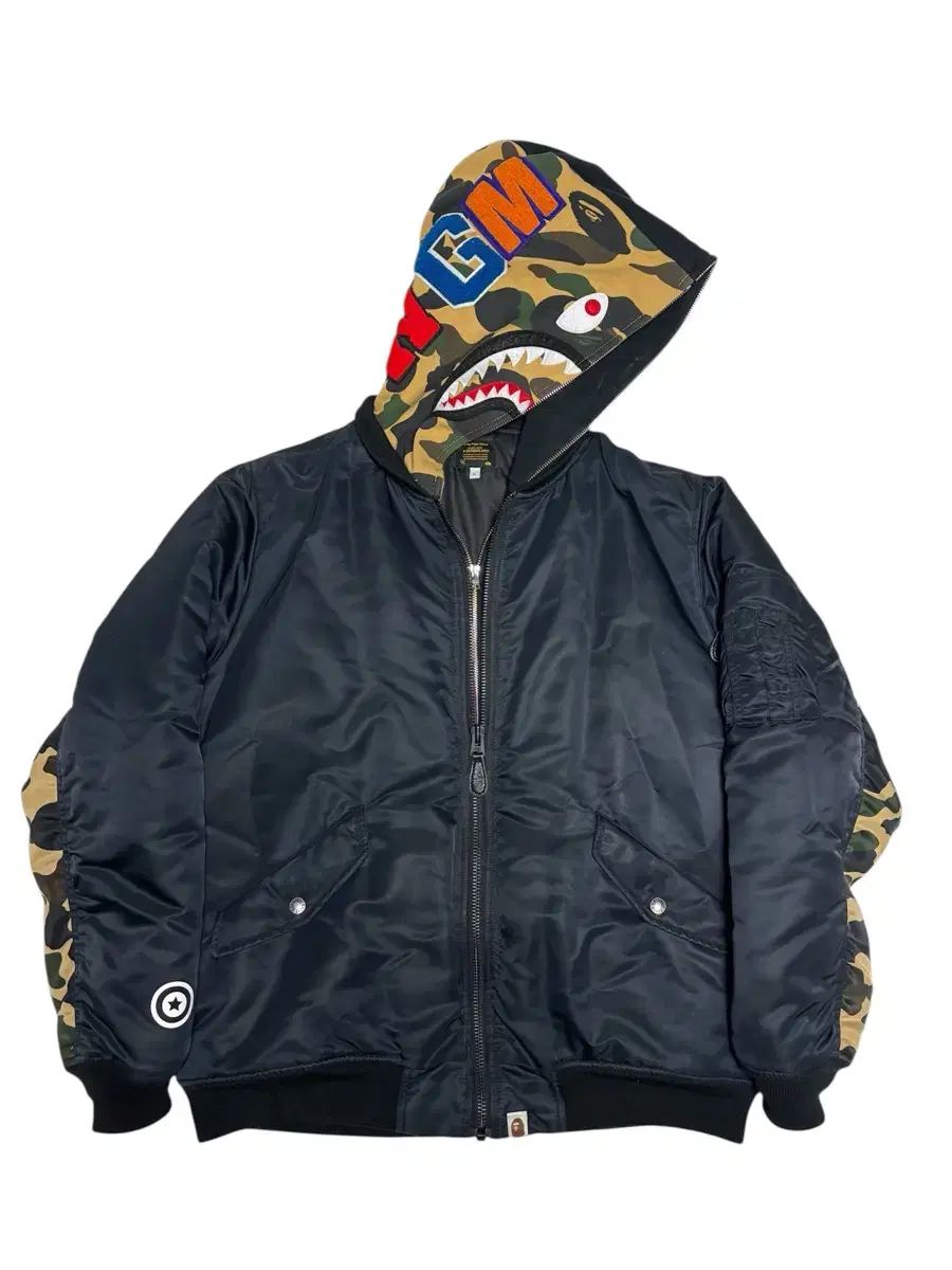 A BATHING APE アベイシングエイプ 1 st カモ シャーク ma イエローカモフラ WHO フード ブルゾン ジャケット L