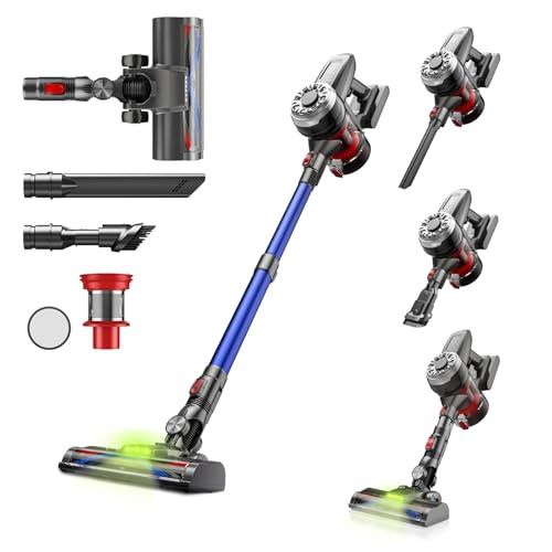 Hearten 掃除機 コードレス 超軽量自走式設計 グリーンLEDライト搭載 コードレス掃除機 50000 PA 強力吸引 2段吸引力モード 低騒音 スティッククリーナー 50分連続稼働 着脱式バッテリー付き ハンディクリーナー 伸縮パイプ サイクロン 6 m