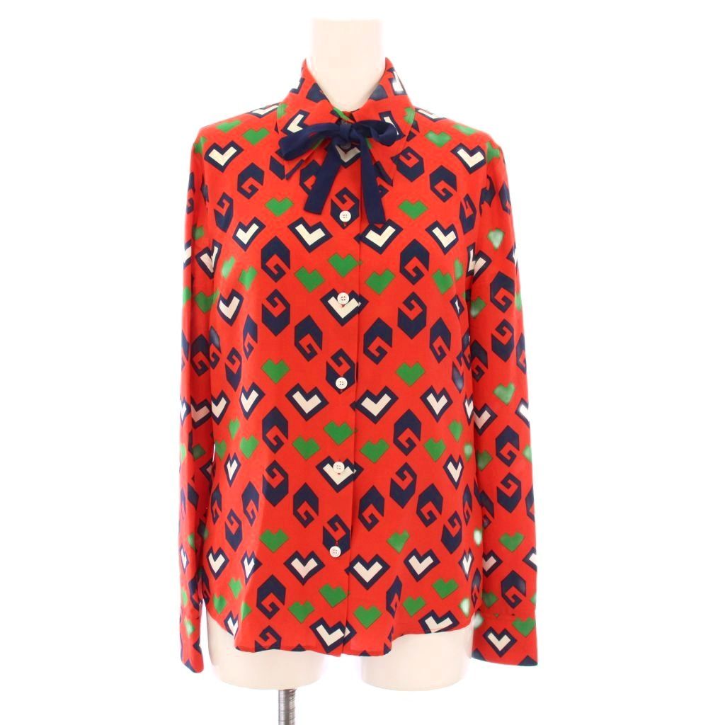 グッチ GUCCI プリントタイネックシルクブラウス シャツ 長袖 36 赤
